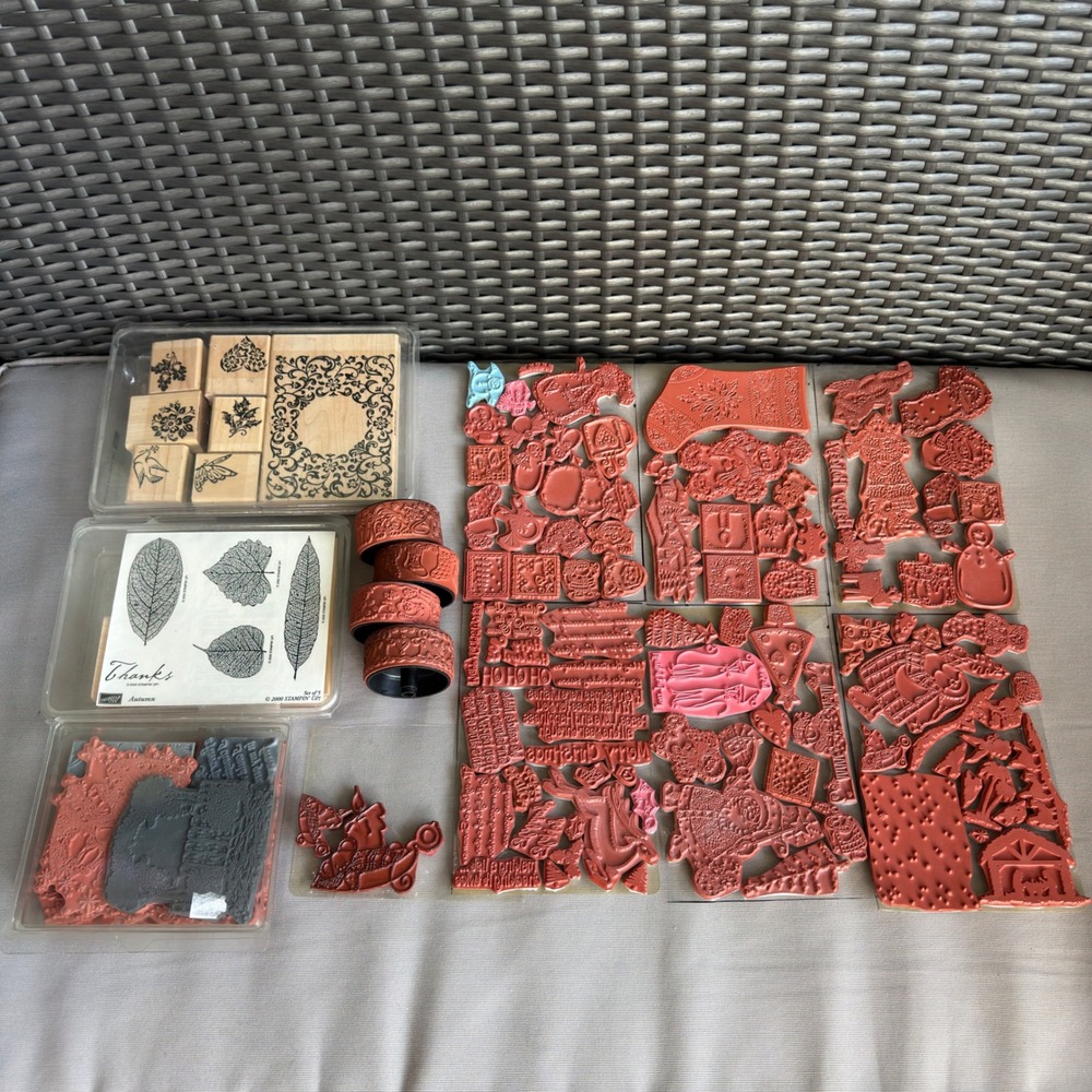 Huge Vintage Christmas Rubber Stamp Lot + Stampin' Up! Autumn + Border Rollers